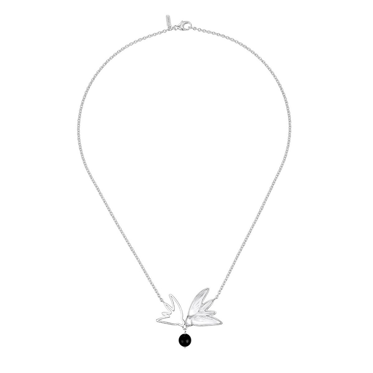 Lalique Hirondelles Sterling Necklace with two Swallows, Clear Crystal with Onyx Bead